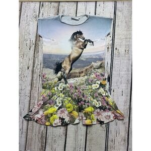 Molo Dress Girls 122 128 6-7 Gray Horse Print Floral Cap Sleeve Dress